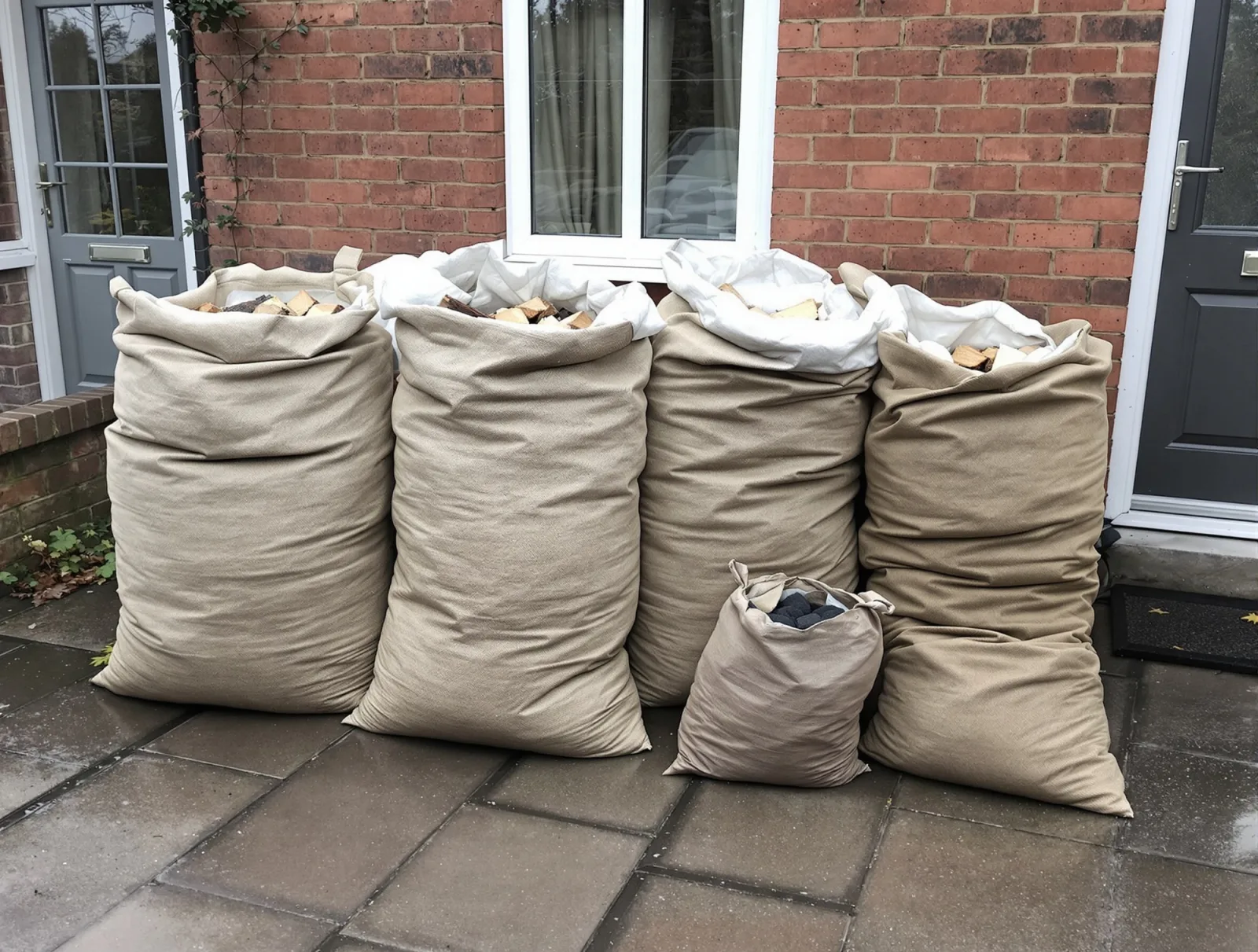 Sacks of split logs and a sack of coal standing on the doorstep of a brick house